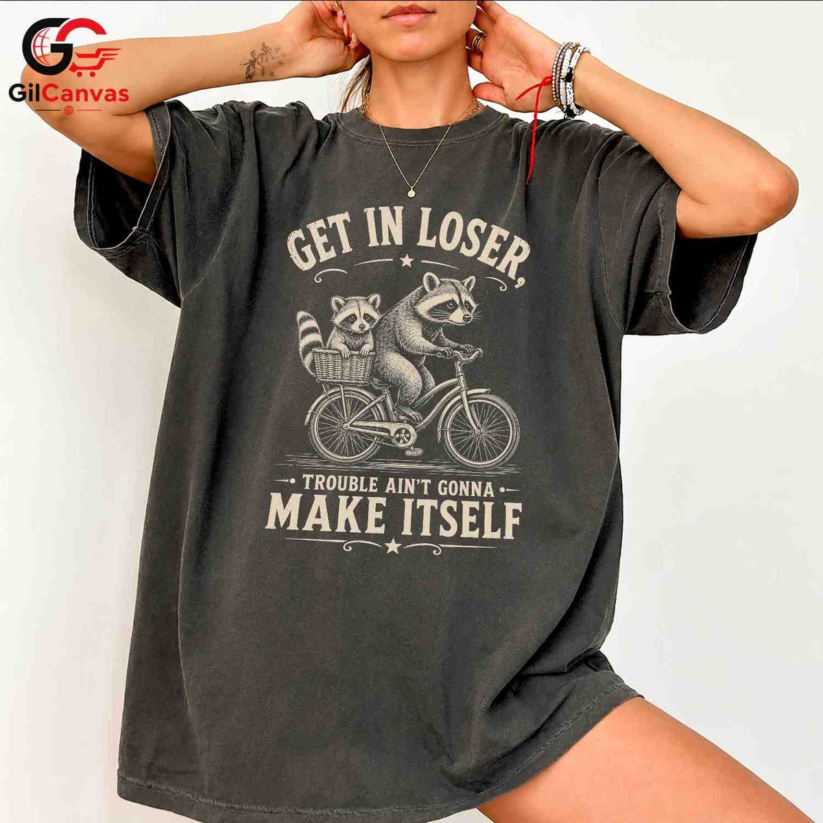 Get In Loser Raccoon T-Shirt Outdoor Adventure Humor Fun Graphic Unisex Tee