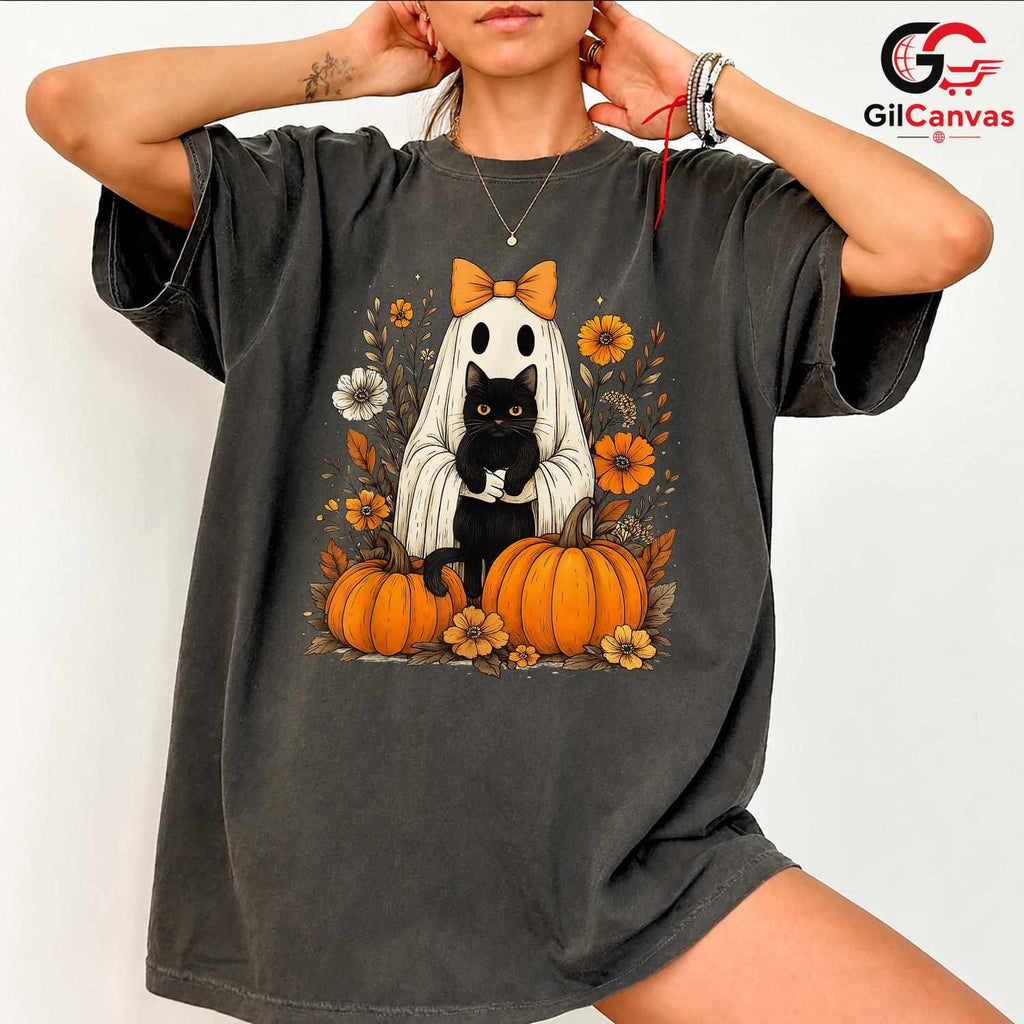 Ghost Black Cat Halloween T-Shirt Unisex Spooky Fall Event Gift Kids Adults