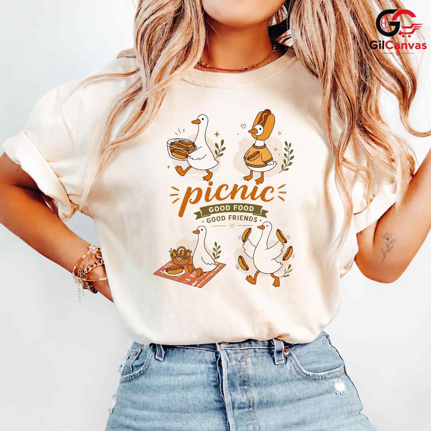 Good Food Friends Picnic T-Shirt Cute Duck Graphic Unisex Casual Apparel