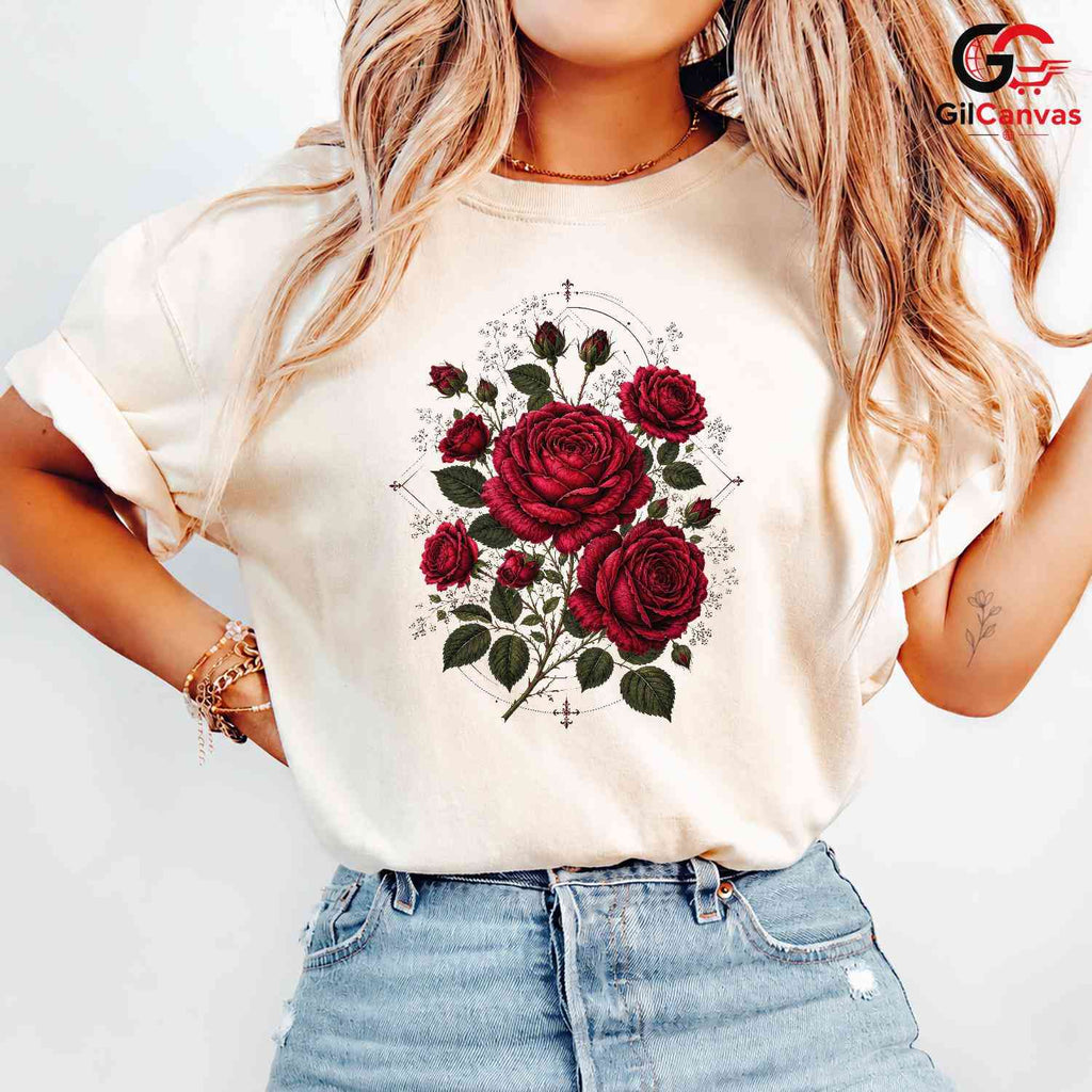 Gothic Red Rose Botanical T-Shirt Aesthetic Floral Art Unisex Graphic Apparel