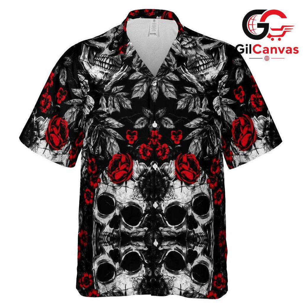 Gothic Skull Red Rose Aloha Shirt, Edgy Unisex Tropical Wear For Halloween