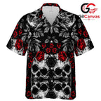 Gothic Skull Red Rose Aloha Shirt, Edgy Unisex Tropical Wear For Halloween