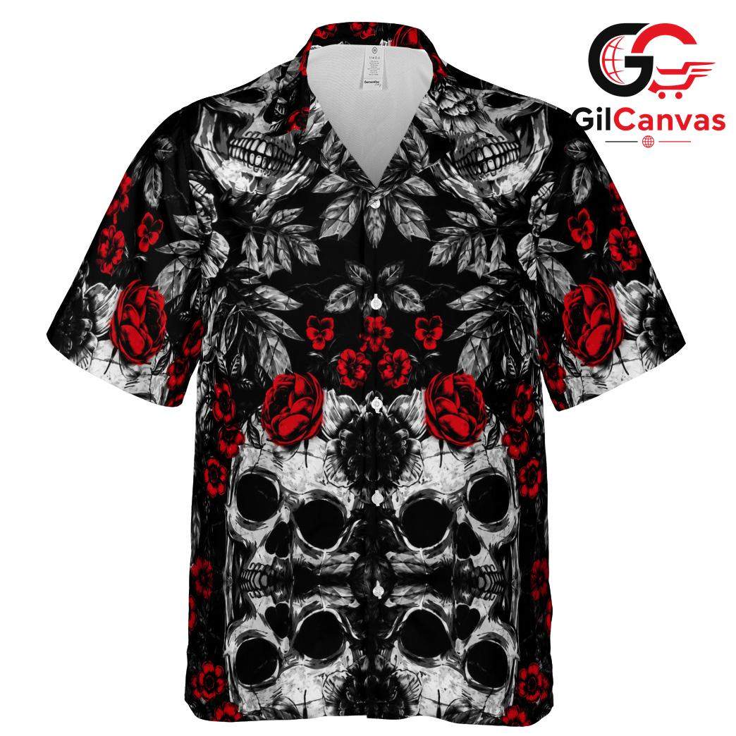 Gothic Skull Red Rose Aloha Shirt, Edgy Unisex Tropical Wear For Halloween