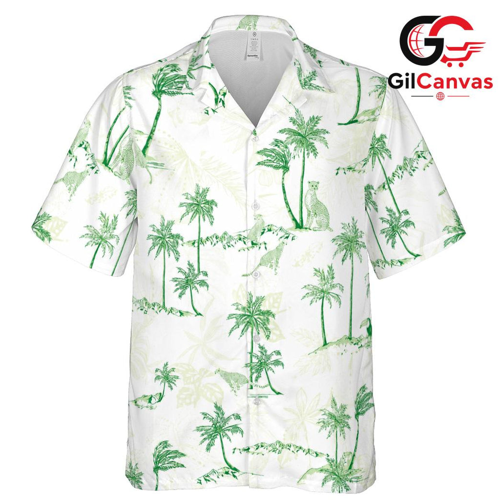 Green Palm Tree Hawaiian Tee, Fun Casual Men Beachwear Summer Apparel Style