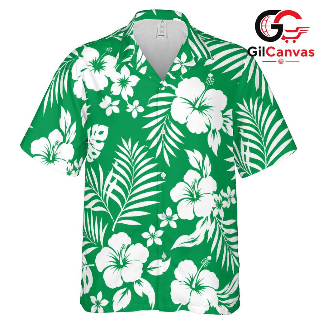 Green White Hibiscus Aloha Tee, Premium Unisex Resort Beach Wear Summer Vacation