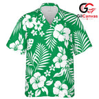 Green White Hibiscus Aloha Tee, Premium Unisex Resort Beach Wear Summer Vacation