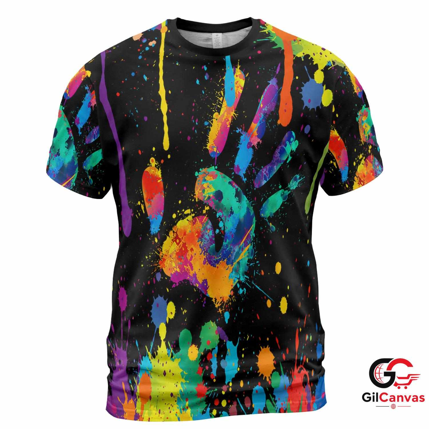 Handprint Paint Art 3D T-Shirt, Colorful Unisex Abstract Graphic Tee Celebration