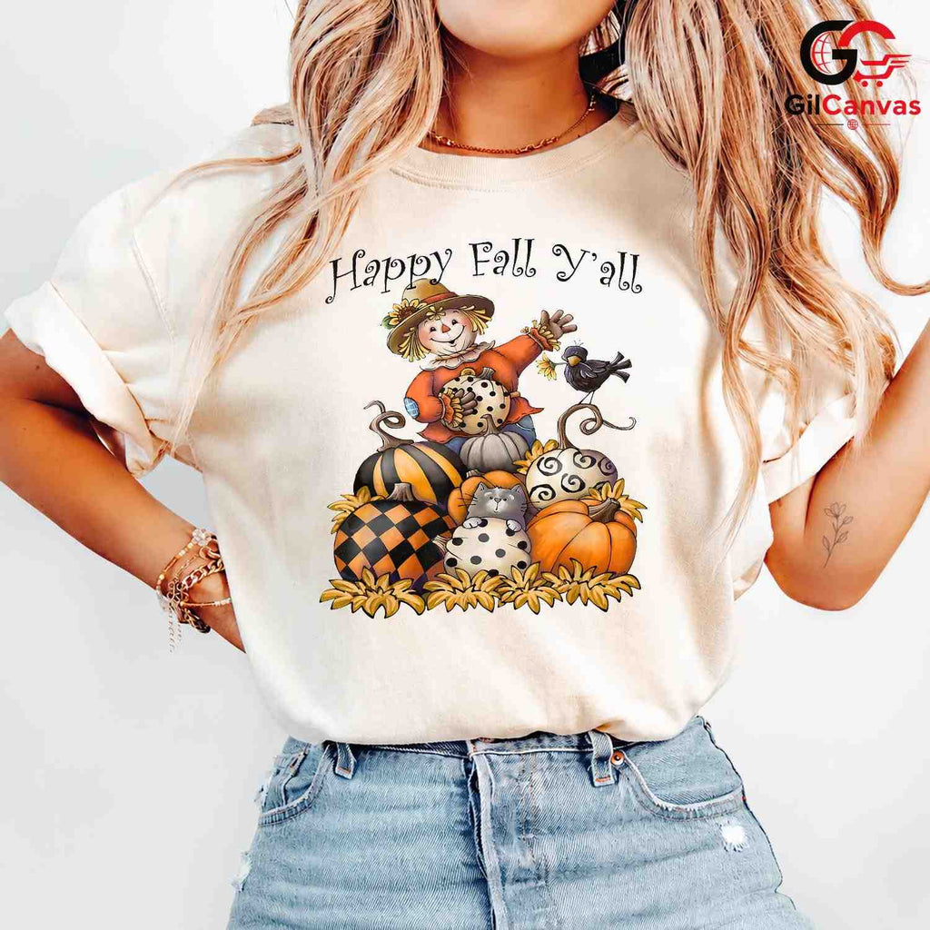 Happy Fall Yall Scarecrow Tee Unisex Cute Autumn Pumpkin Gift Kids Youth
