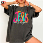Jesus Loves You Graphic Tee Colorful Christmas Inspirational Unisex Apparel