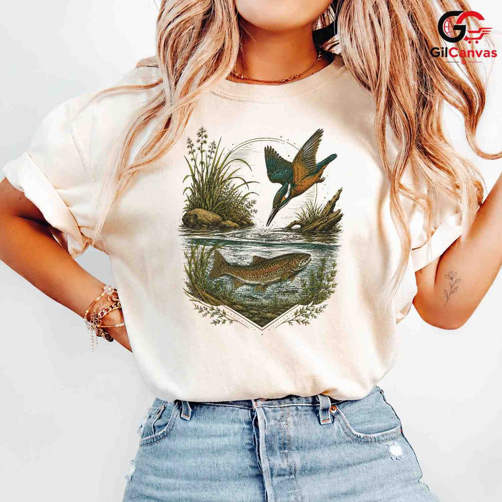 Kingfisher Bird Fishing T-Shirt Nature Lover Outdoor Unisex Graphic Apparel