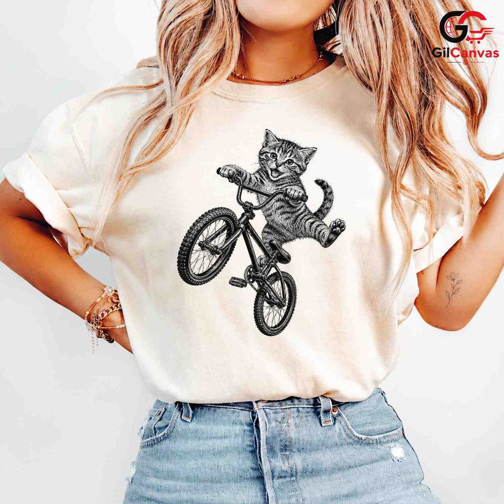 Kitten BMX Bike Rider T-Shirt Happy Tabby Cat Unisex Pet Lover Casual Gift Tee