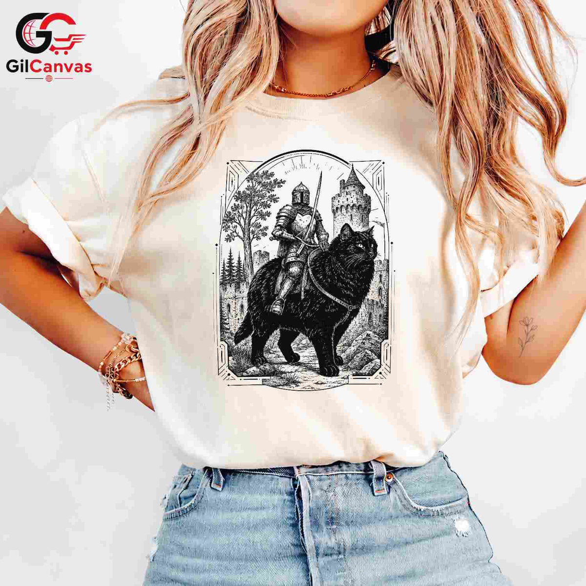 Knight Black Cat T-Shirt Unisex Fantasy Art Adventure Lover Graphic Fun Tee