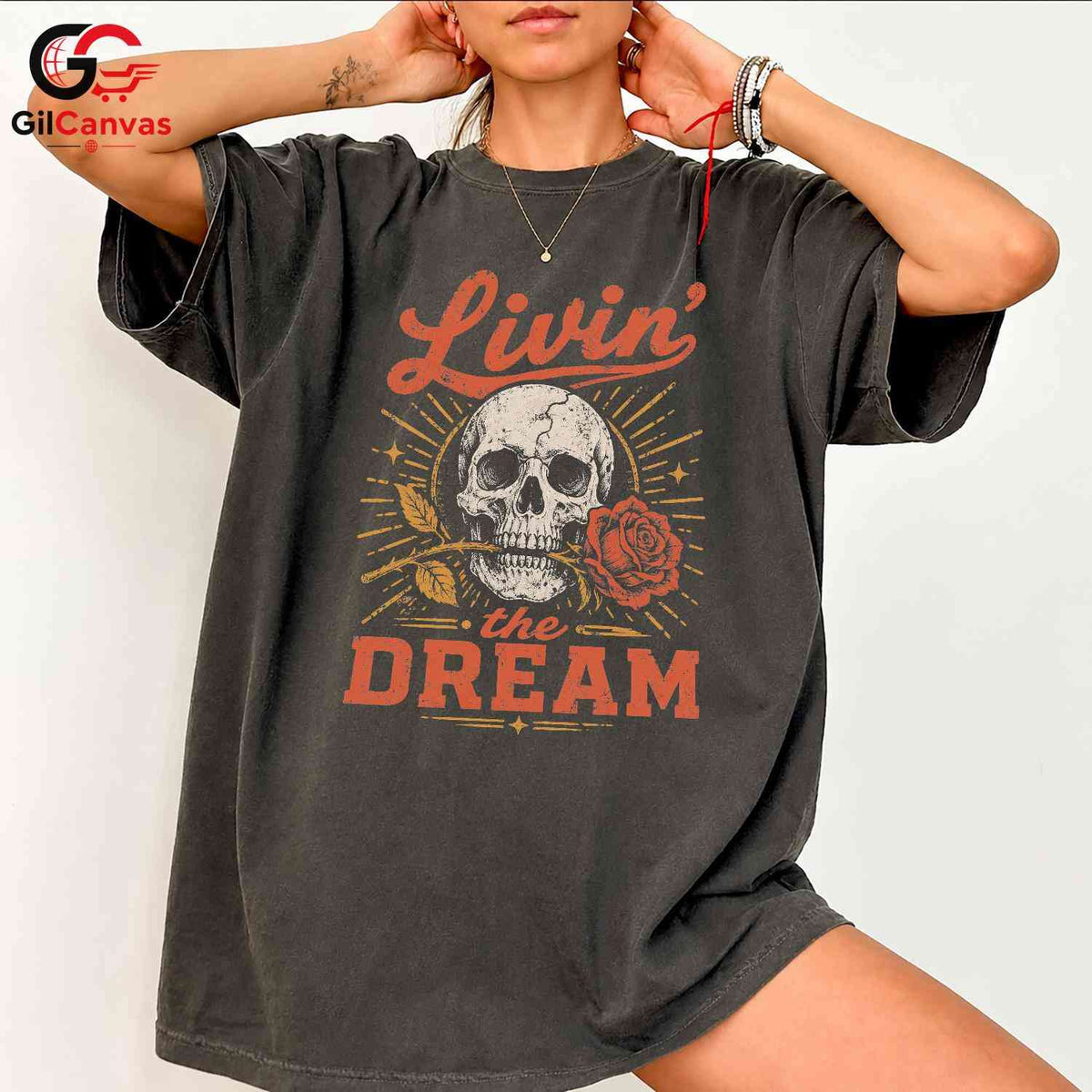 Living The Dream Skull Tee Gothic Style Halloween Casual Wear Unisex Apparel