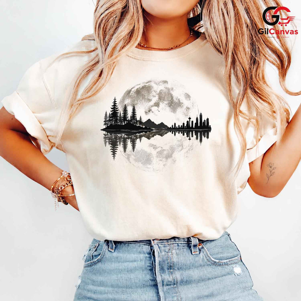 Moonlit City Forest Skyline T-Shirt Scenic Night Sky Unisex Graphic Apparel Tee