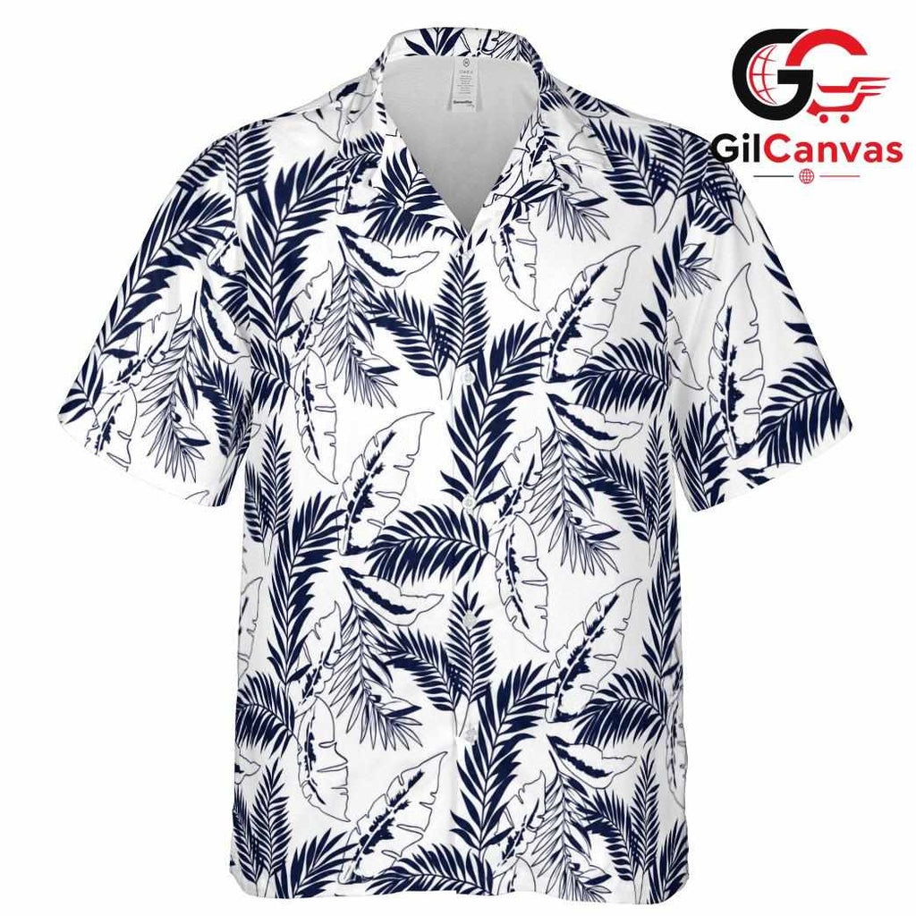 Navy Blue Palm Leaf Aloha Tee, Premium Unisex Resort Style Summer Beach Vacation