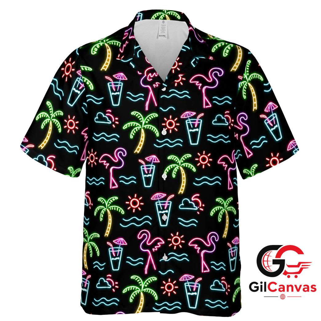 Neon Flamingo Hawaiian Shirt For Summer Parties Unisex Tropical Beach Wear