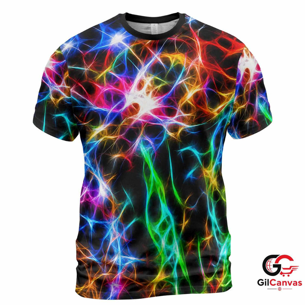 Neon Fractal Abstract 3D T-Shirt, Glowing Unisex Psychedelic Graphic Tee Music Fests