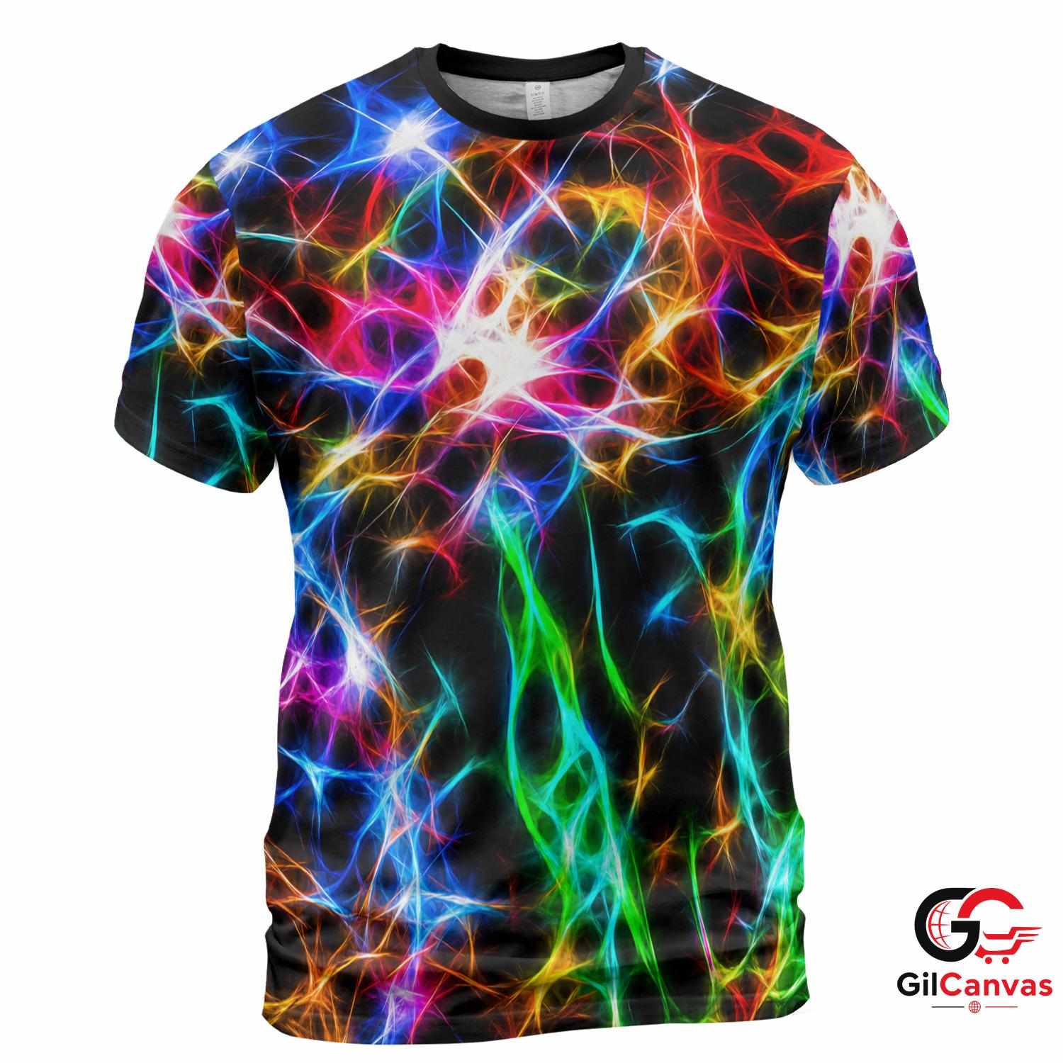 Neon Fractal Abstract 3D T-Shirt, Glowing Unisex Psychedelic Graphic Tee Music Fests