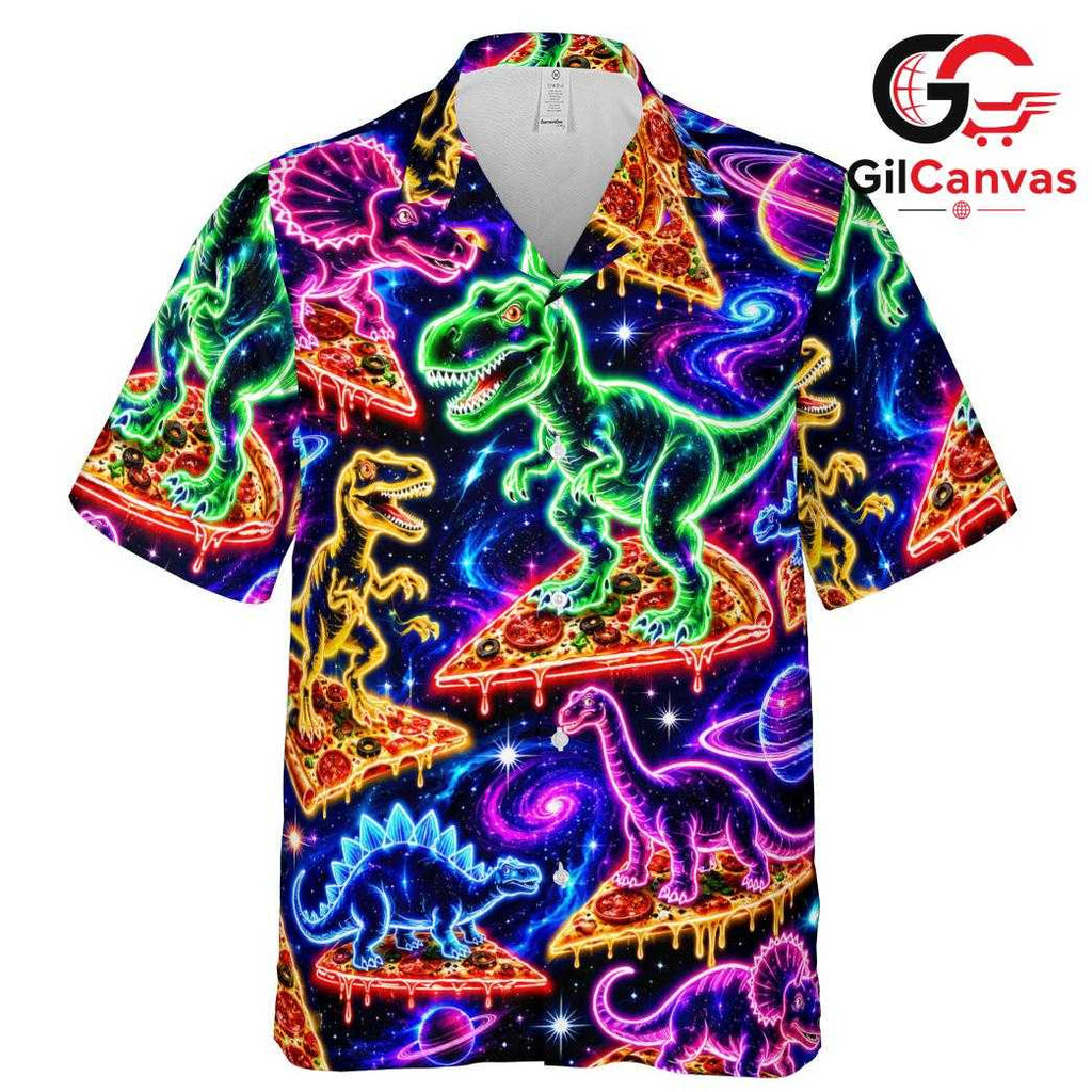 Neon Galaxy Pizza Dinosaur Tee, Vibrant Funny Unisex Aloha Summer Party Wear