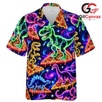 Neon Galaxy Pizza Dinosaur Tee, Vibrant Funny Unisex Aloha Summer Party Wear