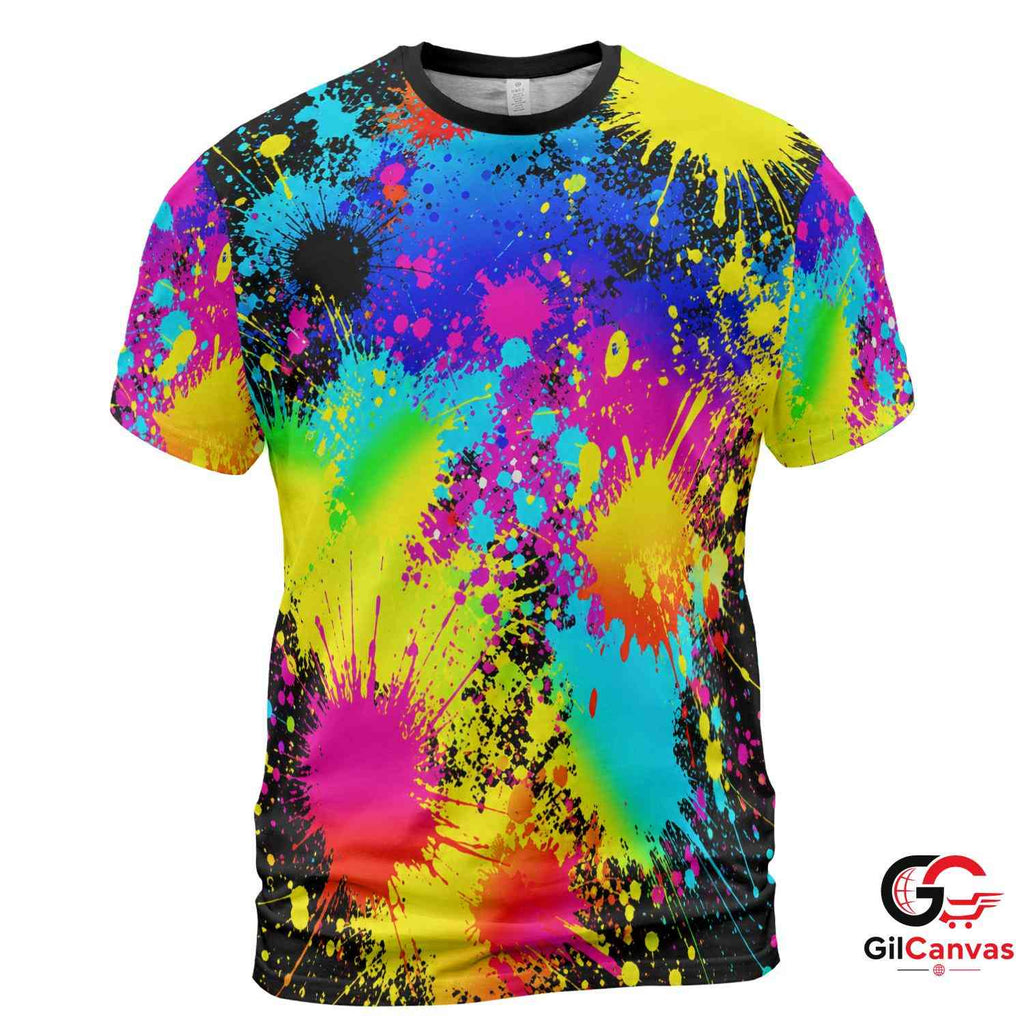 Neon Paint Splatter 3D T-Shirt, Vibrant Unisex Abstract Graphic Tee For Rave Parties