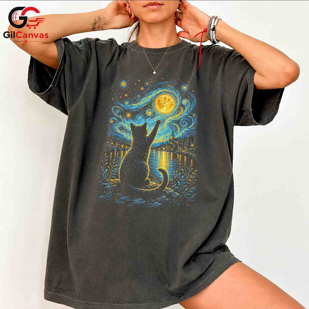 Night Sky Cat Graphic T-Shirt Moon Stars Design Perfect Gift Women Men Shirt