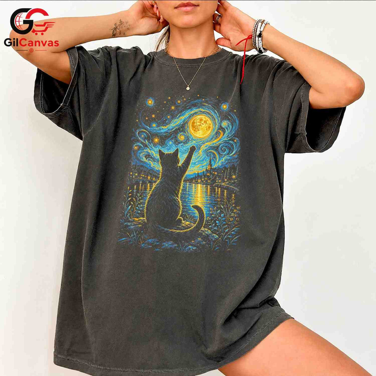 Night Sky Cat Graphic T-Shirt Moon Stars Design Perfect Gift Women Men Shirt