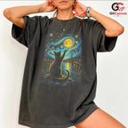 Night Sky Cat Graphic T-Shirt Moon Stars Design Perfect Gift Women Men Shirt