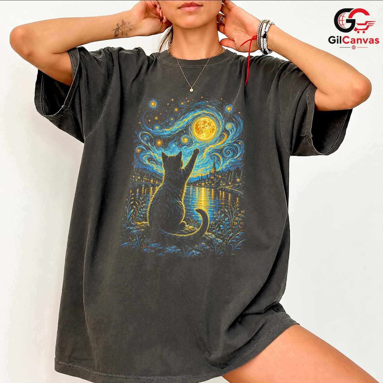 Night Sky Cat Graphic T-Shirt Moon Stars Design Perfect Gift Women Men Shirt