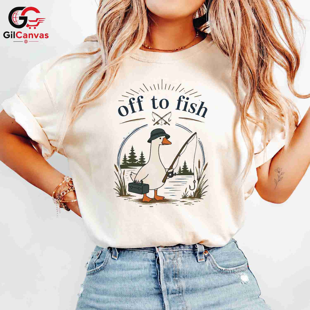 Off To Fish Cartoon Duck T-Shirt Angler Enthusiast Unisex Casual Apparel