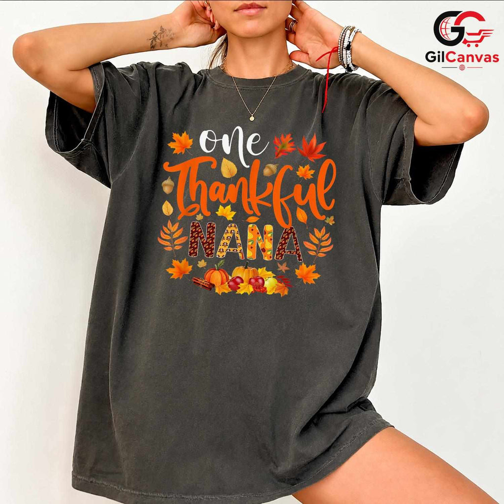 One Thankful Nana Fall T-Shirt Unisex Autumn Leaves Pumpkin Thanksgiving Gift