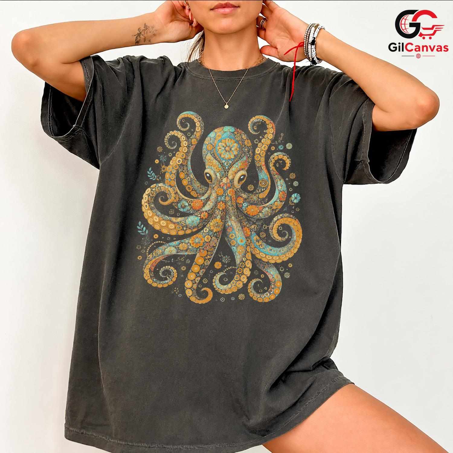 Ornate Mandala Octopus T-Shirt Bohemian Deep Sea Unisex Marine Art Graphic Tee