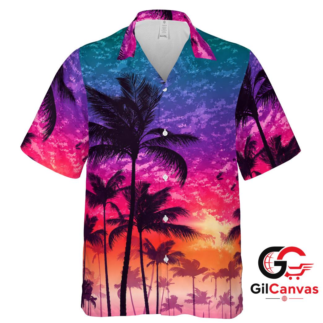 Palm Tree Sunset Hawaiian Shirt Vacation Summer Unisex Beachwear Apparel