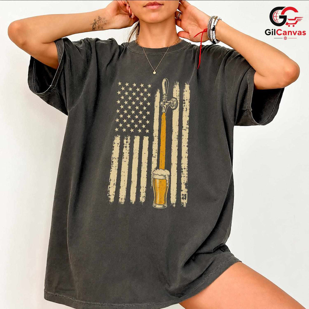 Patriotic Beer Drinking Flag T-Shirt Independence Day Unisex Graphic Apparel Tee