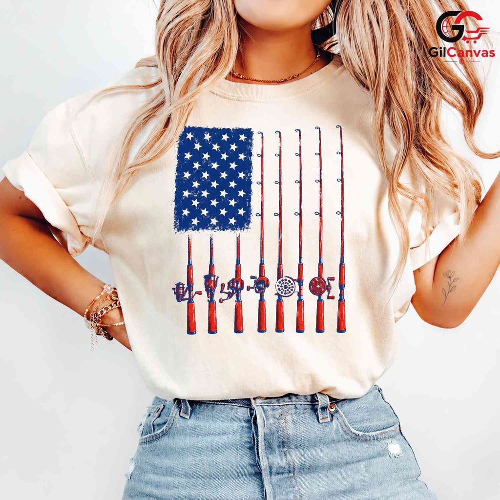 Patriotic Fishing Rod Flag T-Shirt Fourth Of July Angler Unisex Graphic Apparel