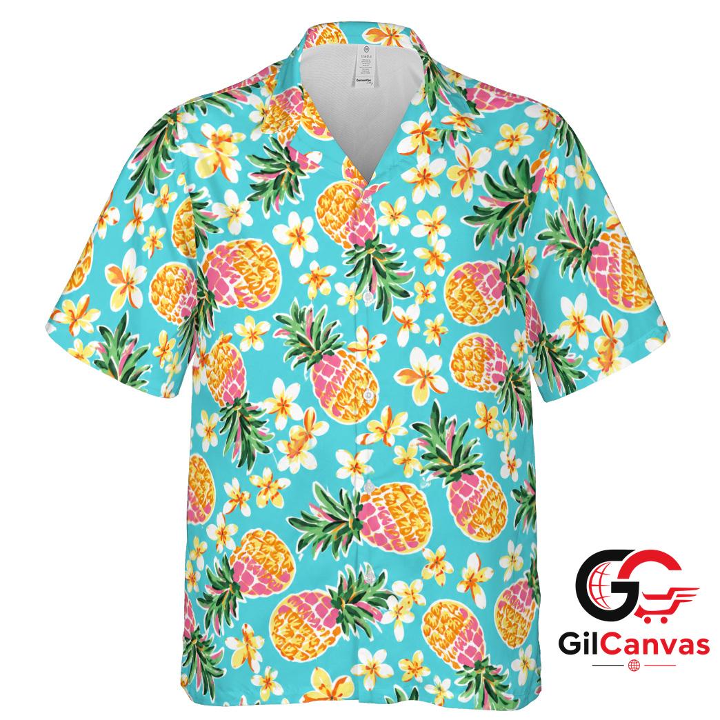 Pineapple Print Hawaiian Shirt Women Summer Tropical Flowers Relaxed Fits