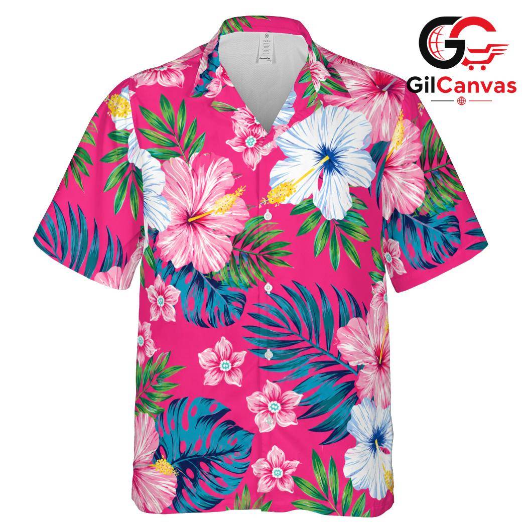 Pink Hibiscus Floral Beach Shirt, Mens Aloha Summer Vacation Tropical Wear