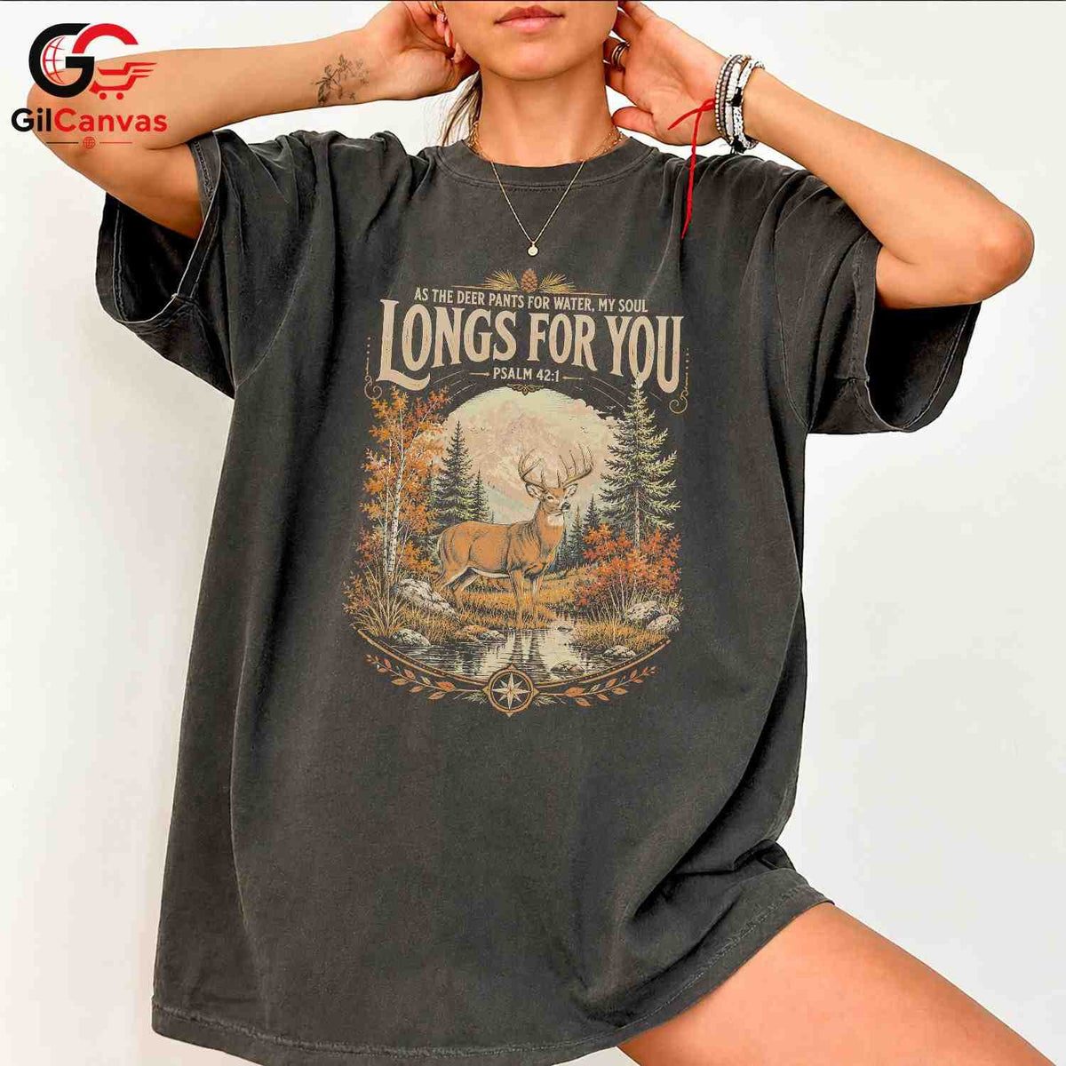 Psalm 42 Deer Graphic T-Shirt Boho Style Nature Lover Custom Unisex Apparel