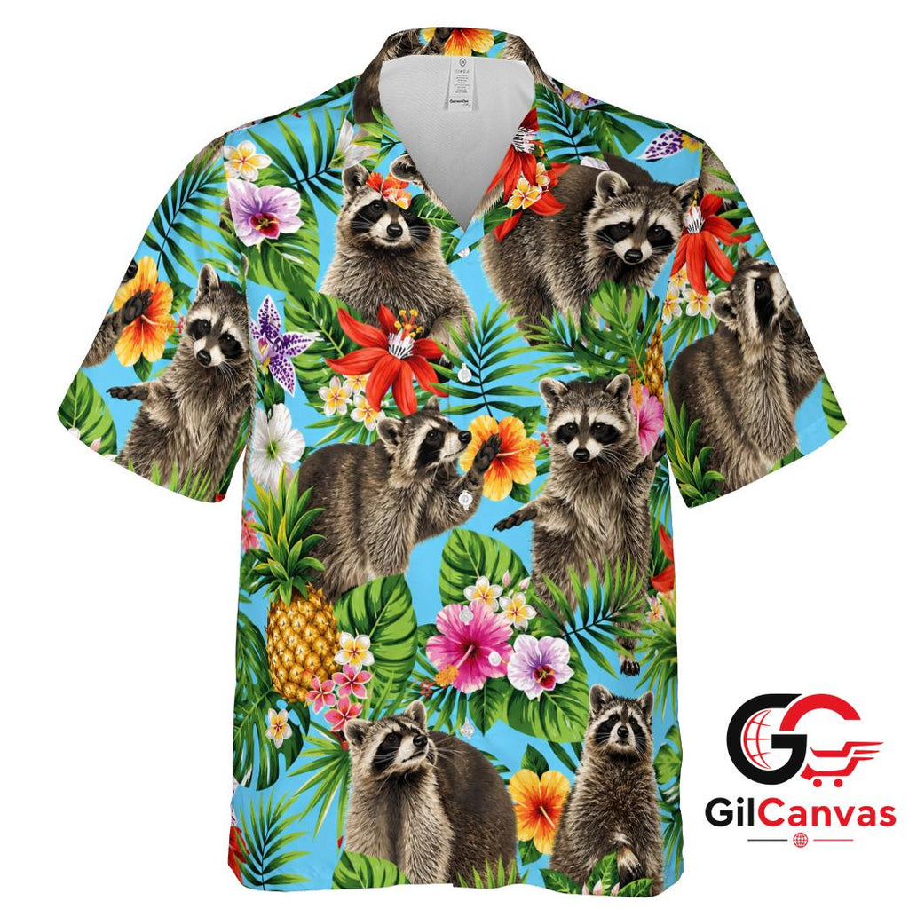 Raccoon Floral Hawaiian Shirt For Summer Parties Women Fun Tropical Vibe