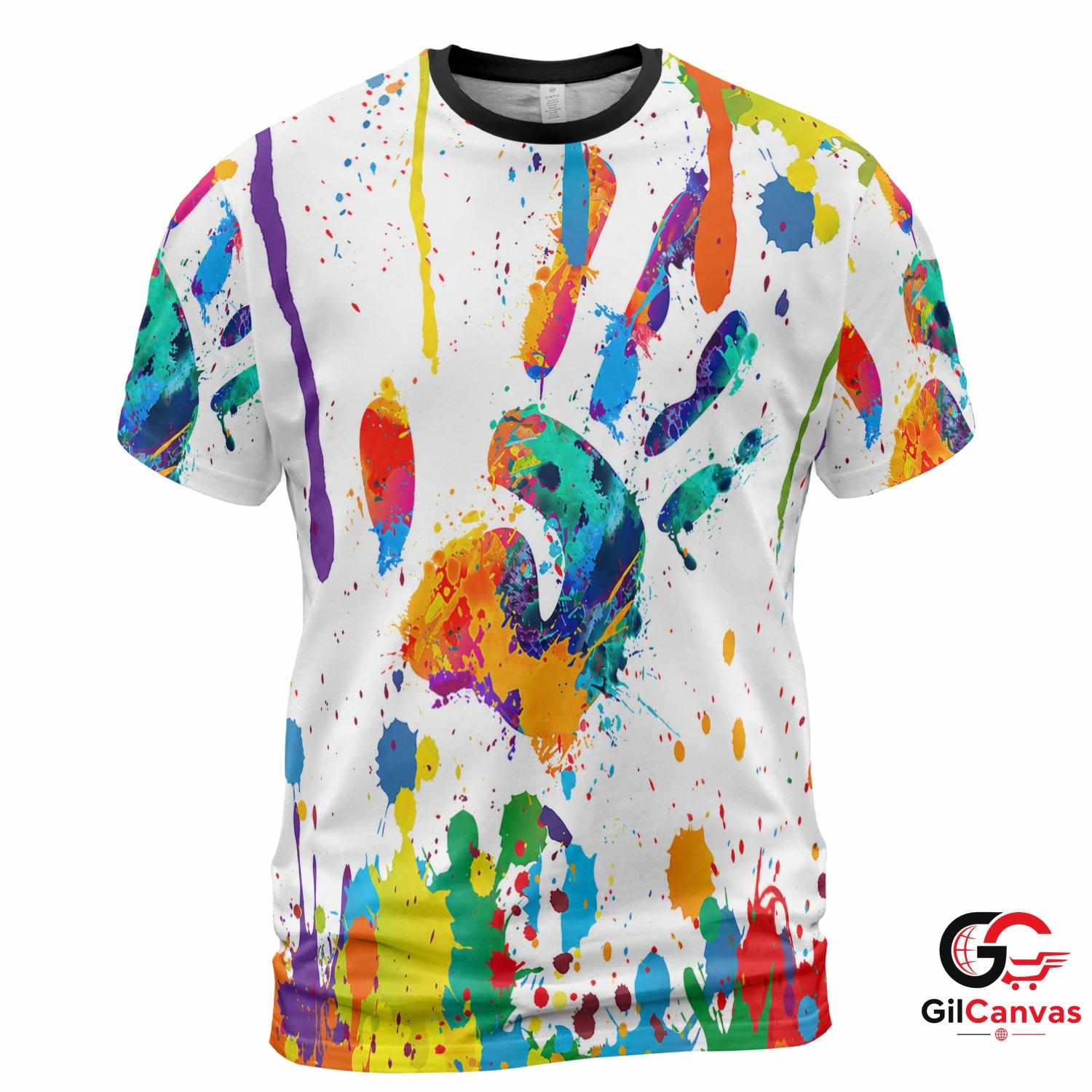 Rainbow Splatter 3D T-Shirt, Vibrant Unisex Artistic Graphic Tee For Summer Parties