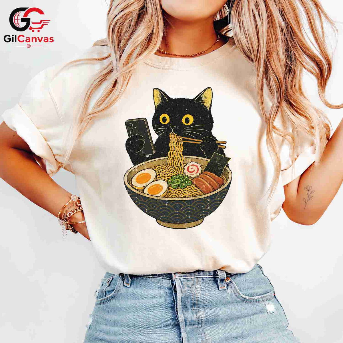 Ramen Eating Cat T-Shirt Cute Custom Design Feline Lover Gift Unisex Apparel