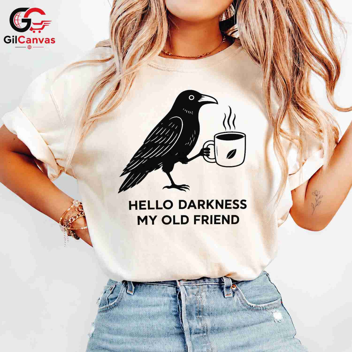 Raven Coffee Lover T-Shirt Hello Darkness Black Graphic Tee Men Women Gift