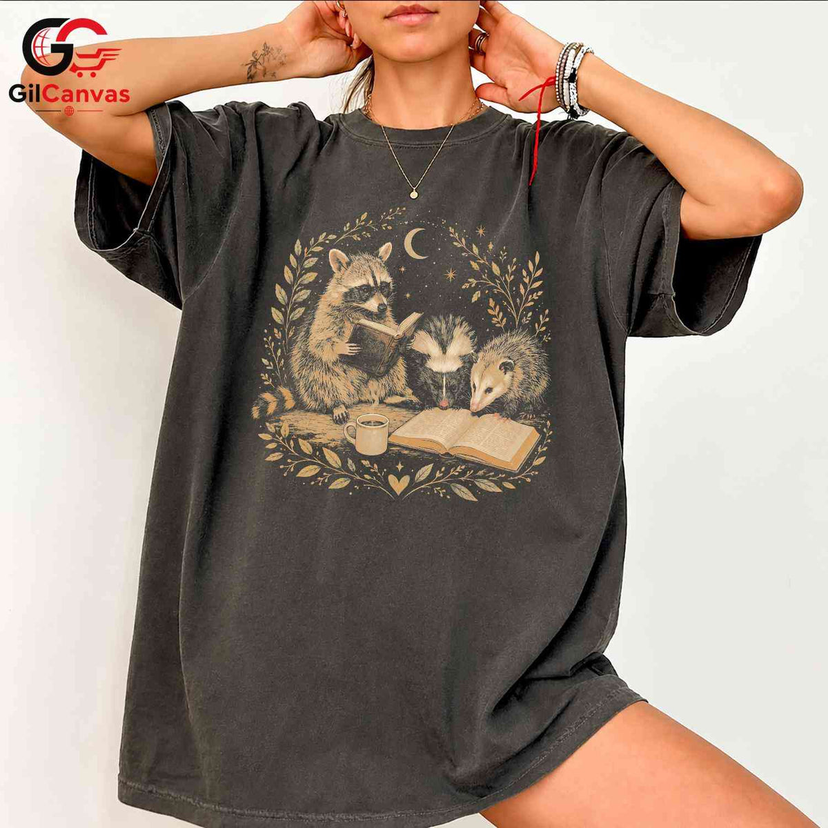 Reading Animals T-Shirt Unisex Book Lover Cute Raccoon Skunk Graphic Apparel