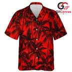 Red Black Palm Tree Aloha Shirt, Mens Tropical Beach Summer Vacation Wear
