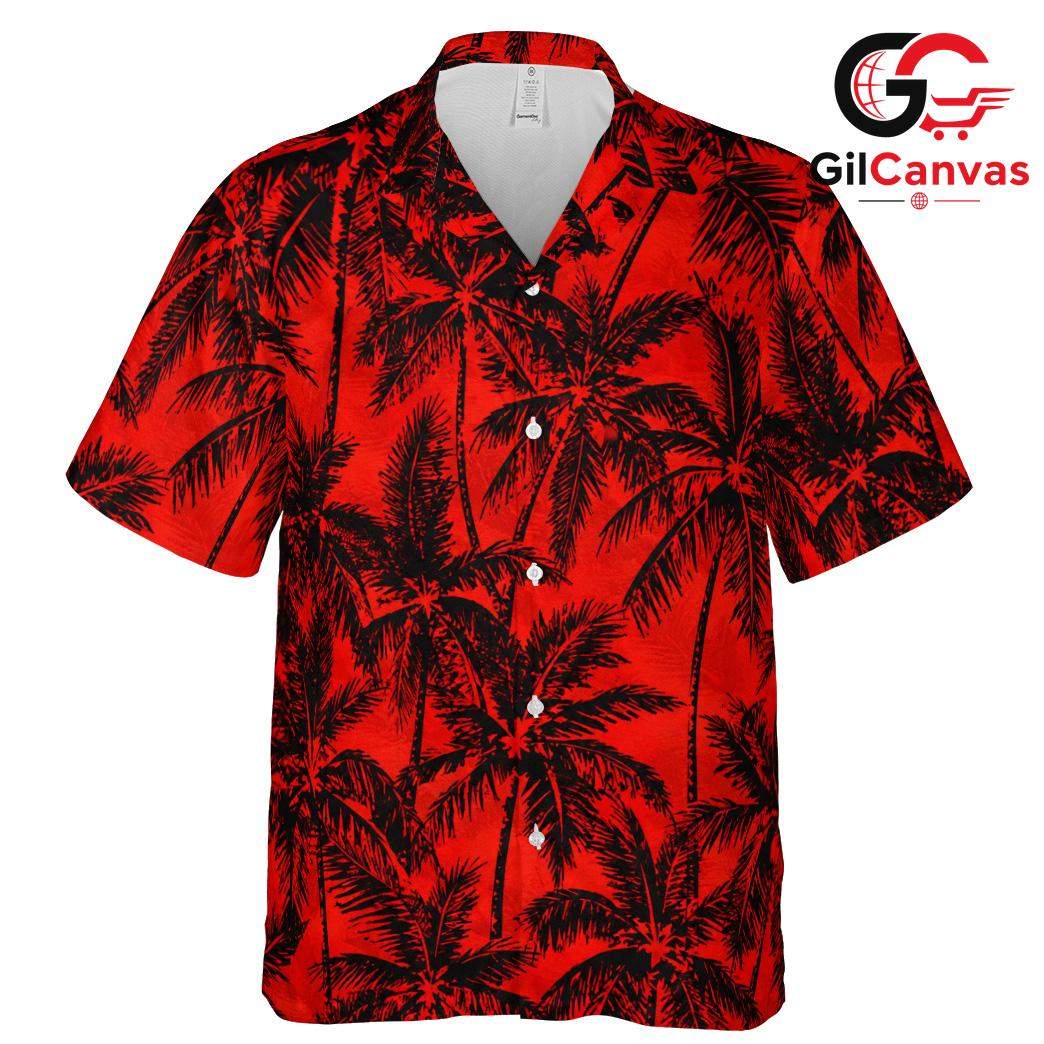 Red Black Palm Tree Aloha Shirt, Mens Tropical Beach Summer Vacation Wear