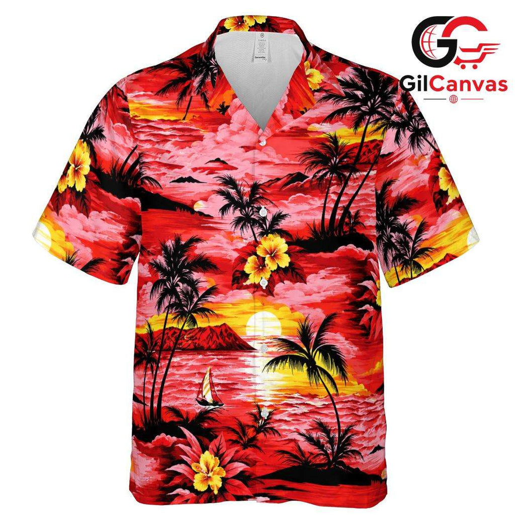 Red Tropical Hibiscus Palm Shirt, Unisex Beach Cruise Wear Summer Vacation