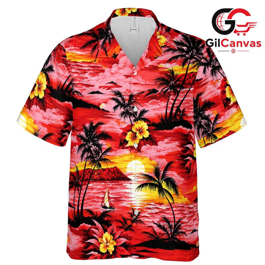 Red Tropical Hibiscus Palm Shirt, Unisex Beach Cruise Wear Summer Vacation