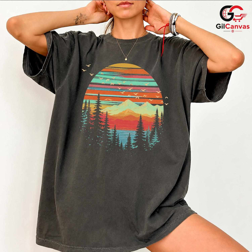 Retro Mountain Lake T-Shirt Sunset Nature Hiking Unisex Outdoor Camping Apparel