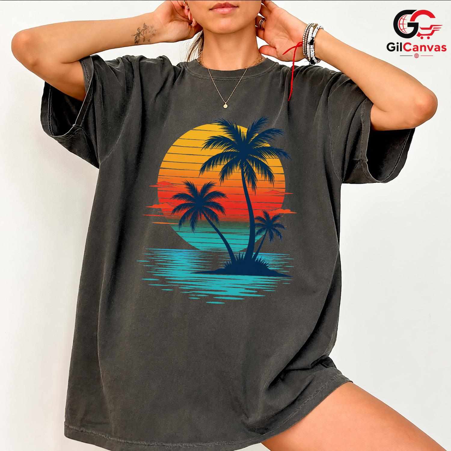 Retro Sunset Palm Tree T-Shirt Island Beach Vacation Unisex Ocean Holiday Tee