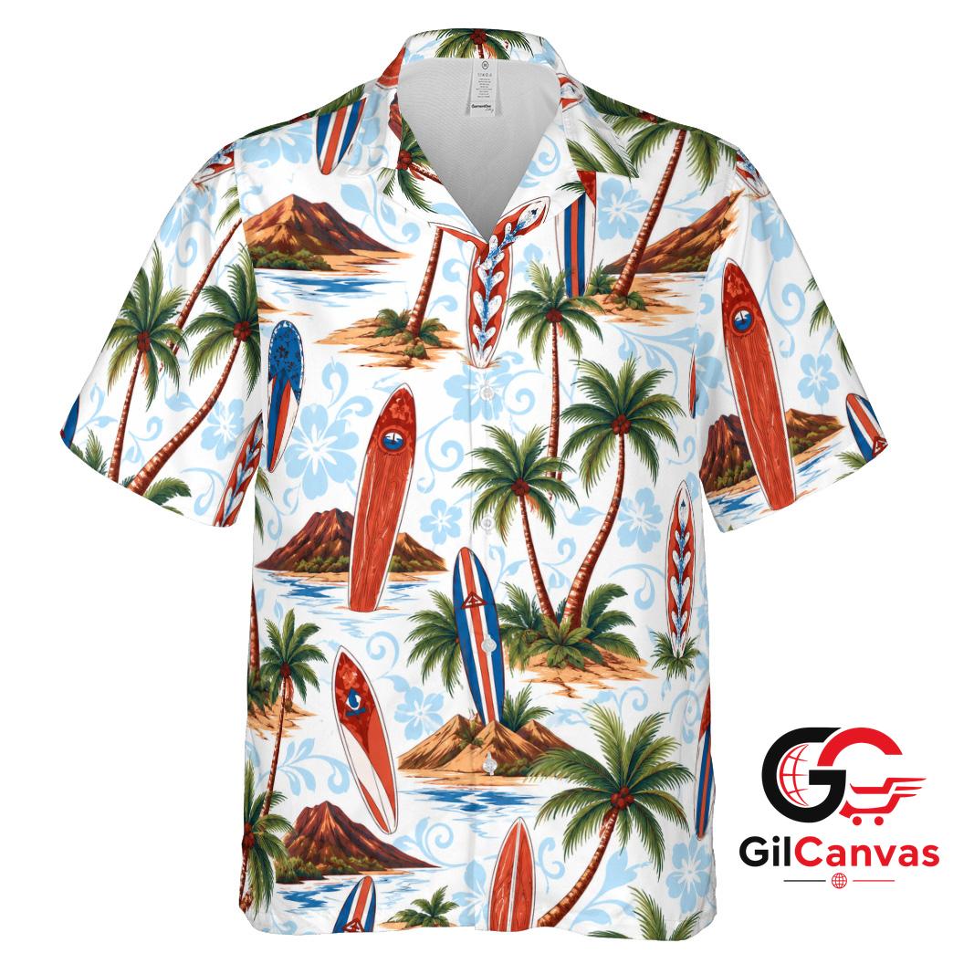 Retro Surfboard Hawaiian Shirt For Men Summer Vacations Tropical Paradise Fit